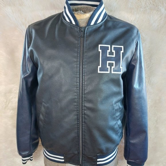 Tommy Hilfiger Men's Dark Navy H Logo Vegan Leather Bomber Jacket Size M - Picture 1 of 11